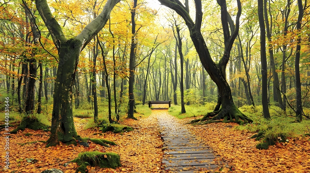 Fototapeta premium A serene autumn forest with sunlight filtering through the trees, casting shadows on the ground covered in fallen leaves. A wooden bridge is visible in the background, enhancing the picturesque scene