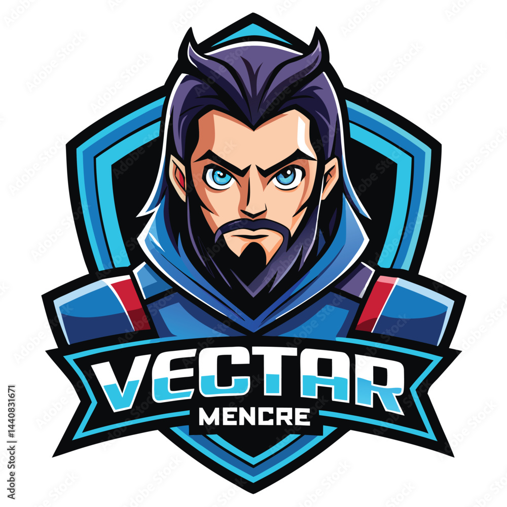 Vector logo design for game merchandise brand featuring a character with a stylish beard and intense blue eyes in a vibrant color scheme Vector logo design for game merchandise brand featuring a character with a stylish beard and intense blue eyes in a vibrant color scheme