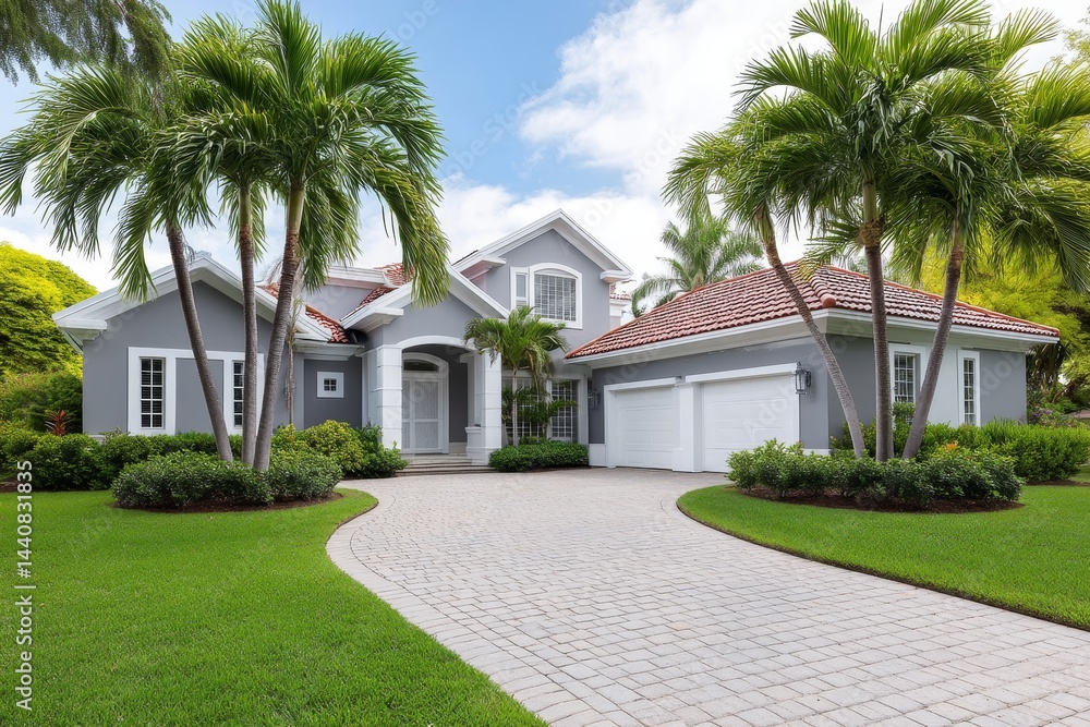 Elegant Gray House with Red Roof and Palm Trees - Luxurious home, gray walls, white trim, red tile roof, lush landscaping, and palm trees. Symbolizes sophistication, comfort, tropical paradise Elegant Gray House with Red Roof and Palm Trees - Luxurious home, gray walls, white trim, red tile roof, lush landscaping, and palm trees. Symbolizes sophistication, comfort, tropical paradise