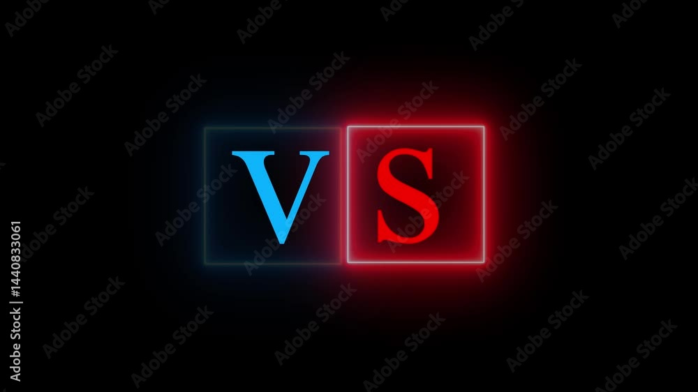 Versus icon animation glowing neon red color v and s letter game match team challenge frame box match sport sign symbol on black background. A dynamic Versus icon animation glowing neon red color v and s letter game match team challenge frame box match sport sign symbol on black background. A dynamic