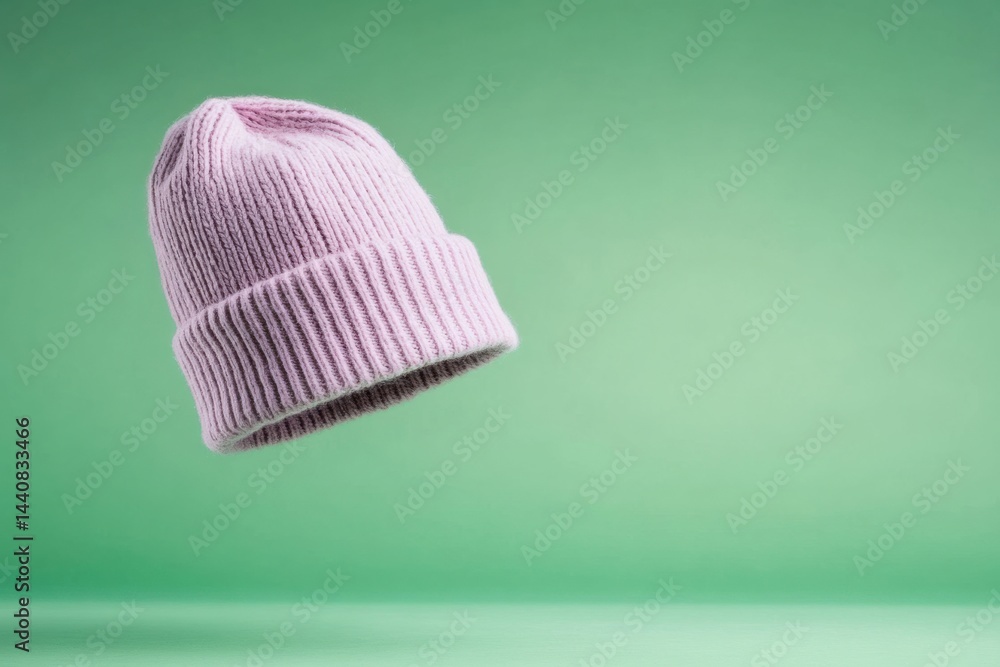Soft lilac knit hat floating against a green background in a minimalist aesthetic setting Soft lilac knit hat floating against a green background in a minimalist aesthetic setting