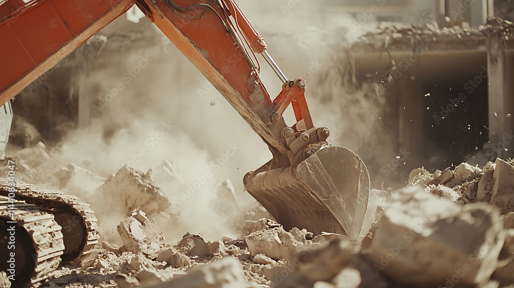 Excavator Demolishing Rubble at Construction Site