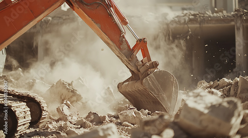 Obraz na płótnie Excavator Demolishing Rubble at Construction Site w salonie