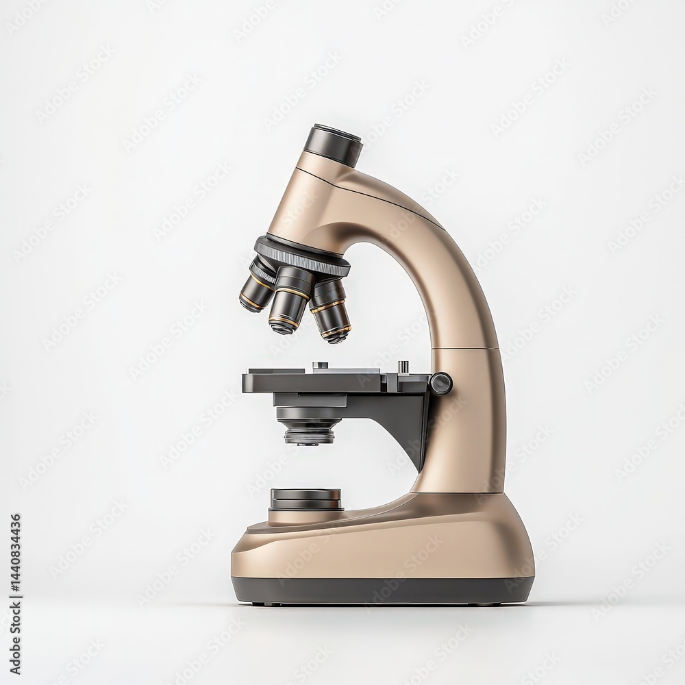 A gold-colored microscope on a white background, positioned in profile with clear detail and modern design. A gold-colored microscope on a white background, positioned in profile with clear detail and modern design.