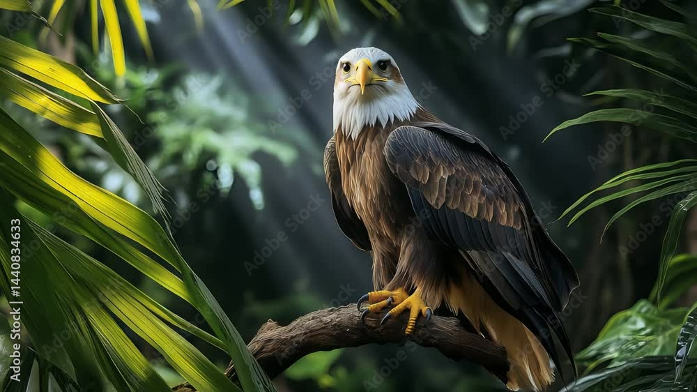 Majestic bald eagle perched on a mossy branch among lush tropical foliage under soft dappled sunlight
Majestic bald eagle perched on a mossy branch among lush tropical foliage under soft dappled sunlight