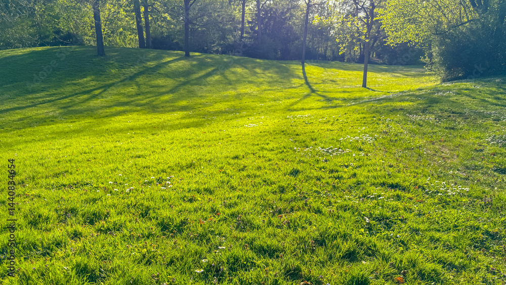 Lush green grass illuminated by sunlight in a tranquil park setting during the early afternoon hours