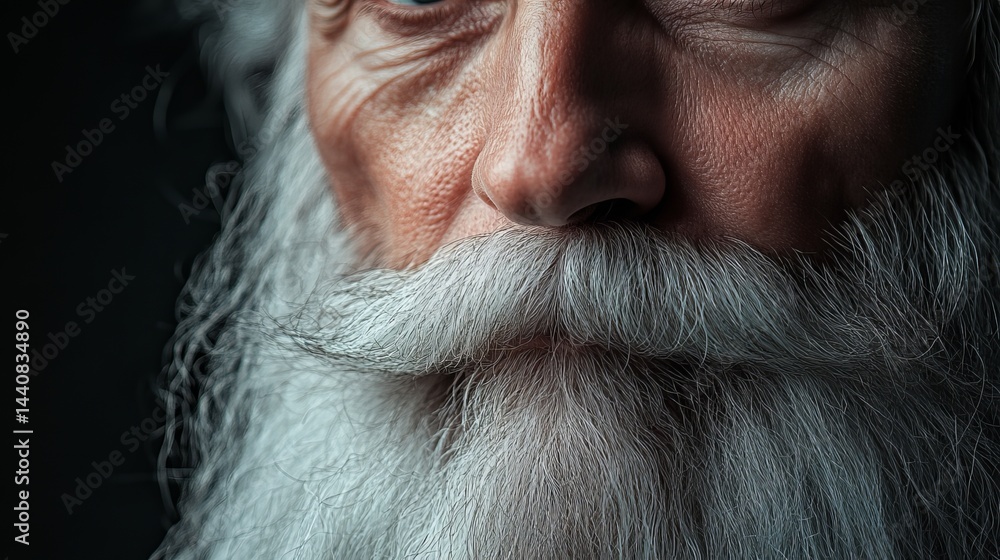 Close up of an older man with a long white beard and mustache against a dark background portrait view Close up of an older man with a long white beard and mustache against a dark background portrait view