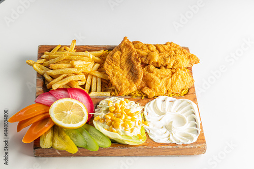 Crispy Fried Chicken with French Fries Isolated on White Background

