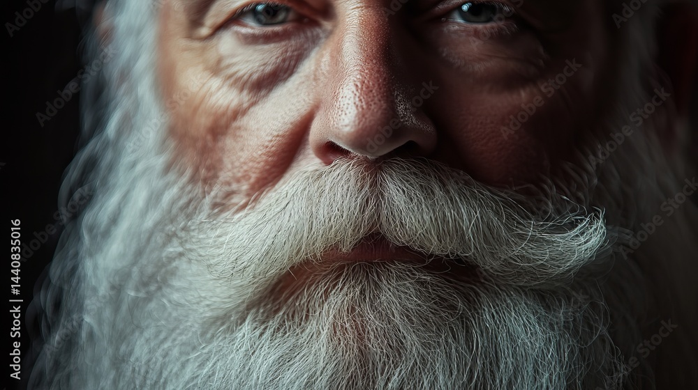 Close up portrait of a man with a long white beard and mustache looking directly at the camera lens Close up portrait of a man with a long white beard and mustache looking directly at the camera lens