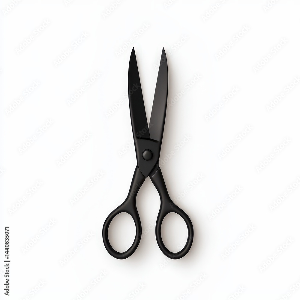 A pair of black scissors with ergonomic handles is placed on a plain white background. A pair of black scissors with ergonomic handles is placed on a plain white background.
