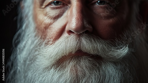 Close up portrait of a man with a long white beard and mustache looking directly at the camera lens