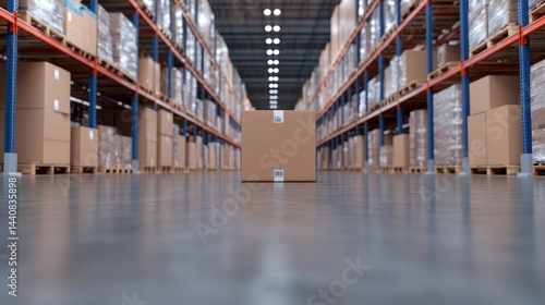 Large cardboard box in modern warehouse aisle with steel shelving and pallets photo