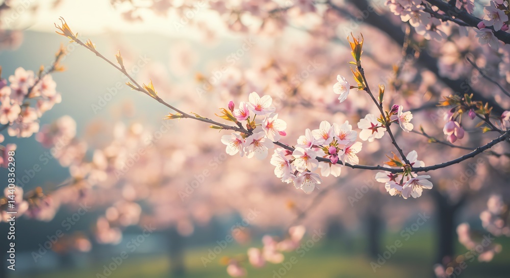 Cherry Blossoms Blooming on a Branch in Spring Sunlight Cherry Blossoms Blooming on a Branch in Spring Sunlight