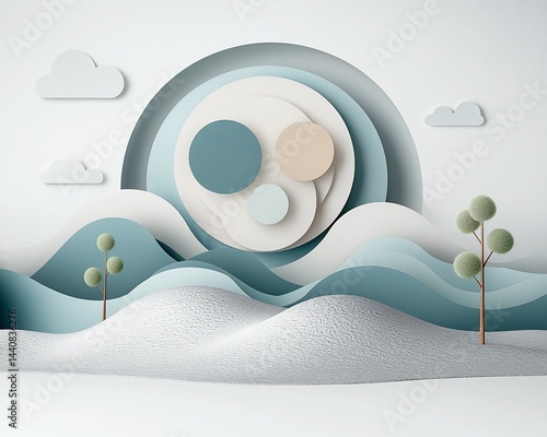 Winter landscape, paper cut design, serene scene