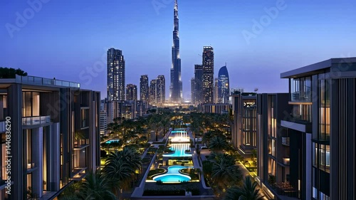Dubai at Dusk, Modern Architecture and Serene Pools Under a Twilight Sky