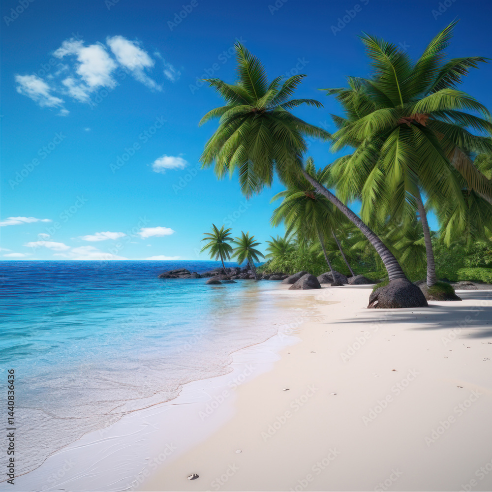 Fototapeta premium Tropical beach. Summer vacation, travel. Square photo. AI generative.