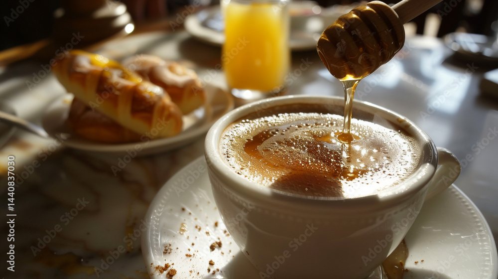 Honey being drizzled into coffee at cozy breakfast table.