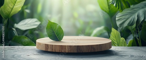 Wooden display platform amidst lush greenery