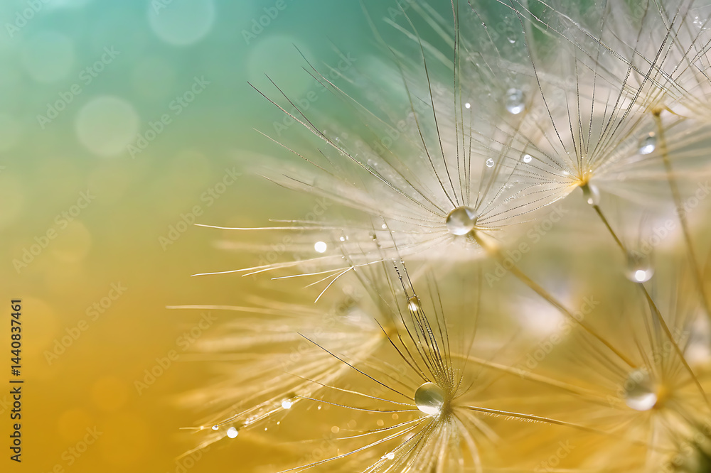Naklejka premium Close-up of a dandelion exhibiting a dreamy and delicate appearance, highlighting the macro details of its white fluffy seeds and the abstract texture of nature.