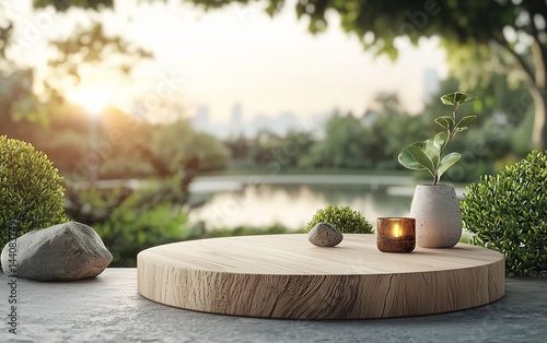 Wooden platform in a park setting.  Peaceful display