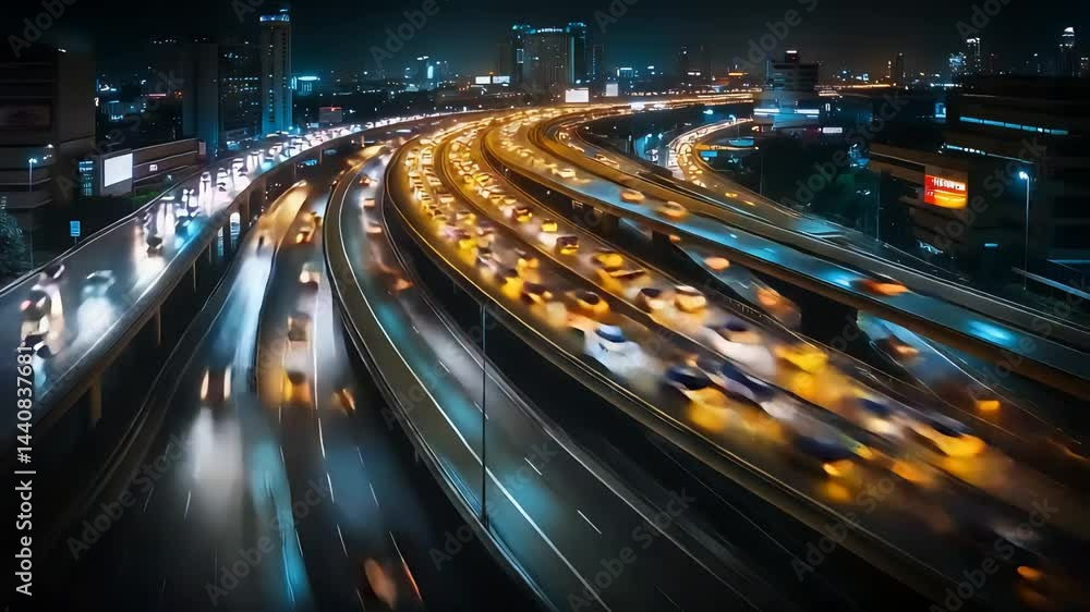 Long-exposure night highway interchange with streaking headlights and taillights weaving through urban traffic flow
Long-exposure night highway interchange with streaking headlights and taillights weaving through urban traffic flow