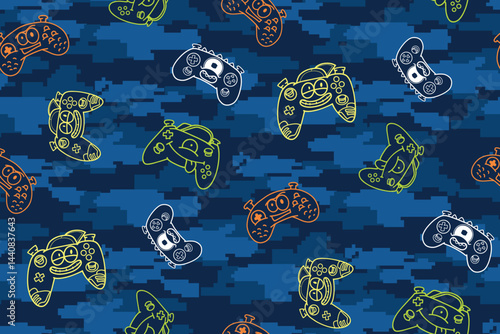 Gamer graffiti background with cartoon kids game pad vector illustration pixel camouflage pattern wall in blue colors. Retro video game elements. Game pads seamless pattern.