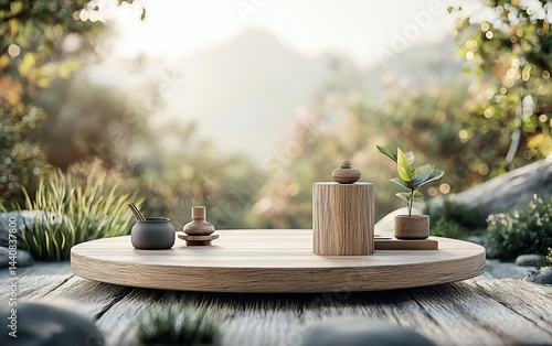Wooden platform with tea accessories in a serene garden setting