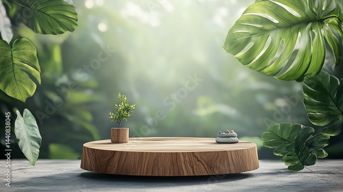 Wooden podium in a lush, tropical setting
