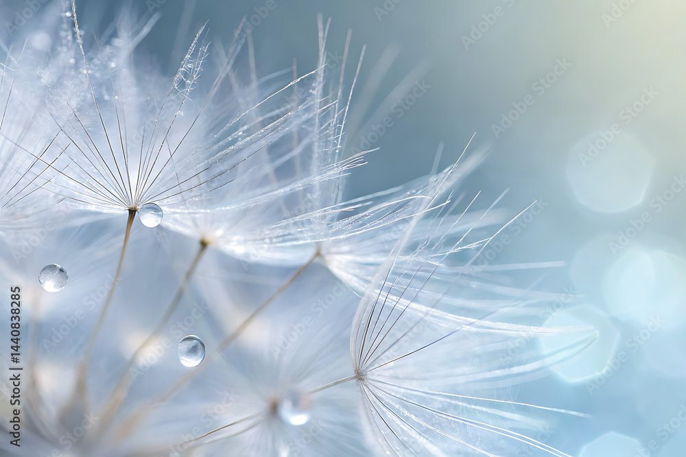 Naklejka premium Close-up of a dandelion exhibiting a dreamy and delicate appearance, highlighting the macro details of its white fluffy seeds and the abstract texture of nature.