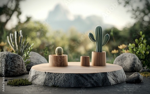 Wooden podium with succulents and nature background