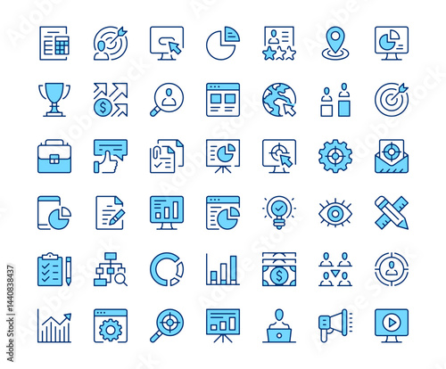 Digital marketing icons. Vector line icon set. Modern outline design. Blue concept
