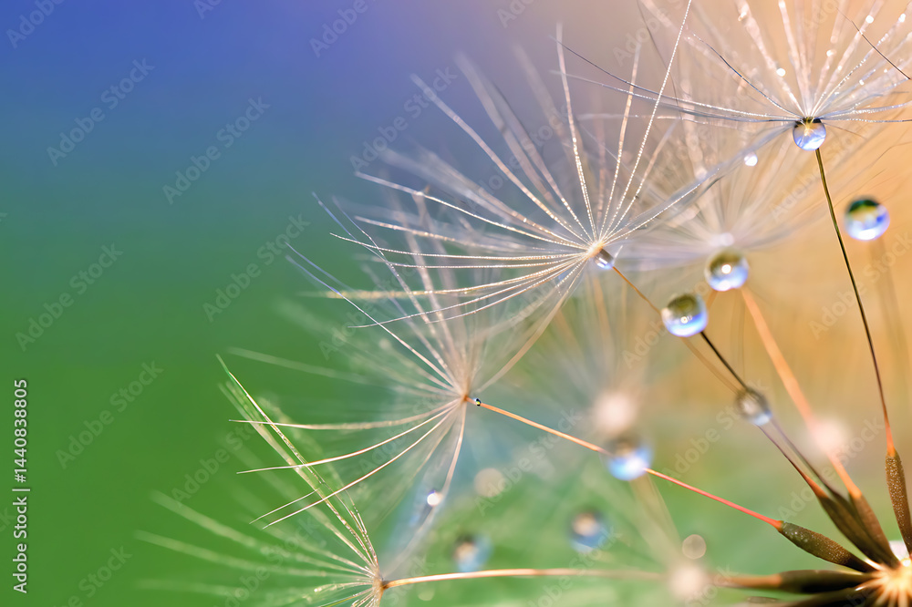 Fototapeta premium Close-up of a dandelion exhibiting a dreamy and delicate appearance, highlighting the macro details of its white fluffy seeds and the abstract texture of nature.