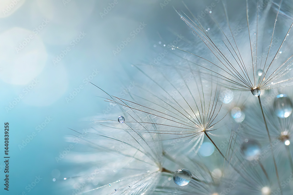 Naklejka premium Close-up of a dandelion exhibiting a dreamy and delicate appearance, highlighting the macro details of its white fluffy seeds and the abstract texture of nature.