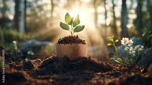 Young plant in biodegradable pot, sunlight
