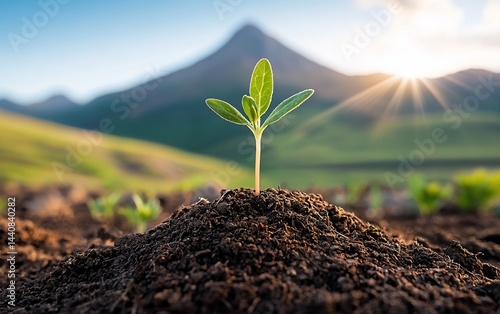 Young sprout emerging from fertile soil, bathed in morning sunlight against a backdrop of mountains
