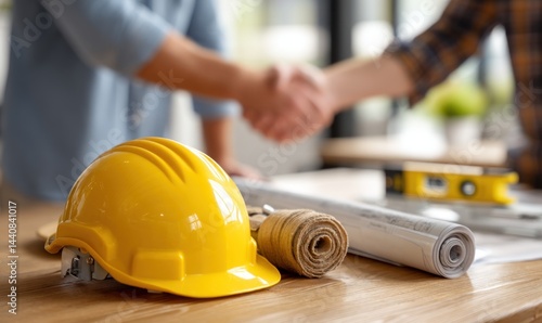 Business handshake over blueprints