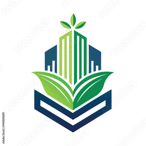 Minimalist logo representing a vertical urban farming platform with elements of skyscrapers and greenery emphasizing sustainability and innovation in city agriculture