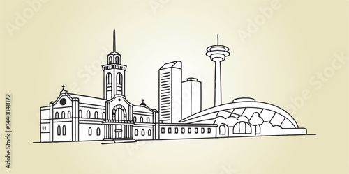 Line drawing of the Fort Worth skyline, incorporating the Sundance Square and the Stockyards in a sleek, continuous-line style.