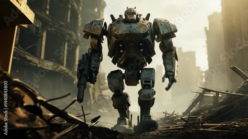 Wallpaper Mural A robot is walking through a destroyed city Torontodigital.ca