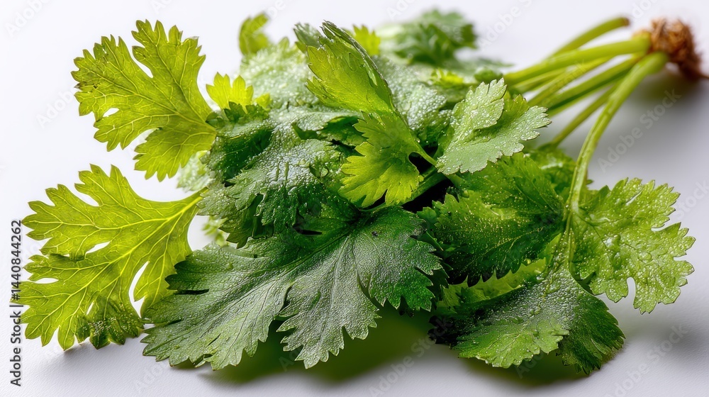 Fototapeta premium a fresh bunch of cilantro leaves with delicate green color on a white isolated background, aromatic and vibrant design