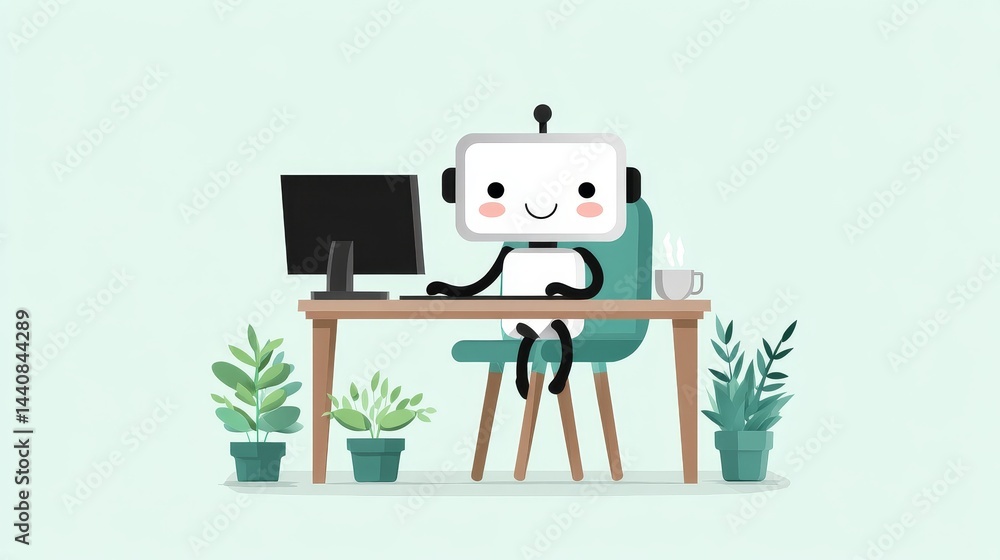 Fototapeta premium Happy Robot Working at Desk - A cheerful robot sits at a desk with a computer, enjoying a cup of coffee surrounded by plants