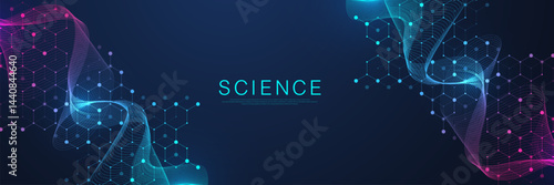 Molecular abstract structure and genetic engineering DNA. Healthcare and medicine background concept. Scientific research background. Wave flow. Innovation pattern. Vector illustration.