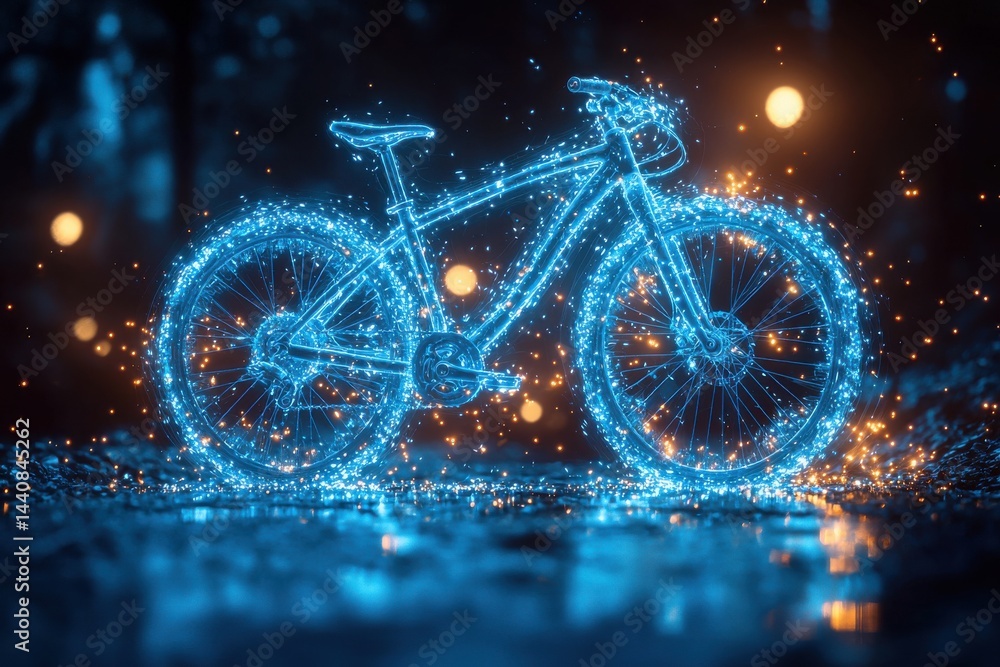 Digital holographic bicycle glowing with vibrant blue lights in a dark scene