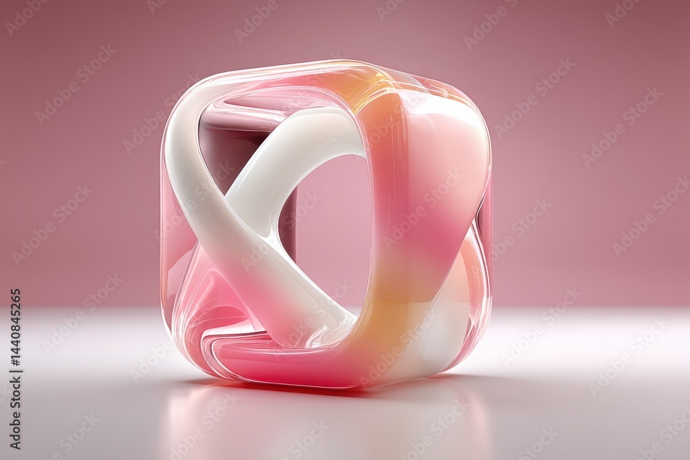 Abstract 3D geometric shape with pink and white color blends