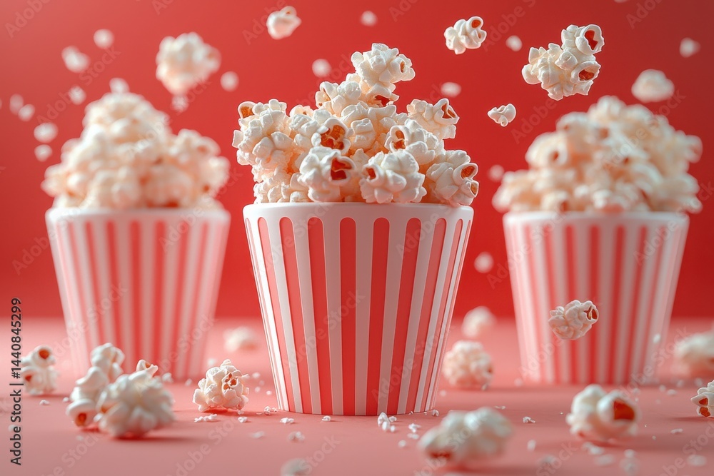 Three vibrant popcorn tubs with flying kernels on a colored background