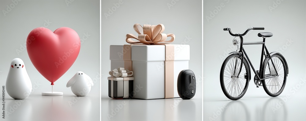 Charming 3D render of heart, gift box, and bicycle objects in minimalist style