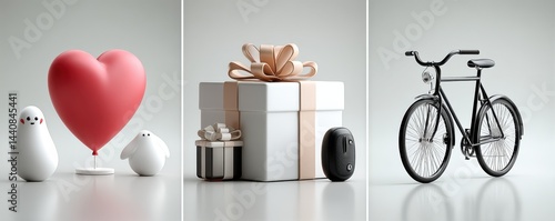 Obraz na płótnie Charming 3D render of heart, gift box, and bicycle objects in minimalist style w salonie