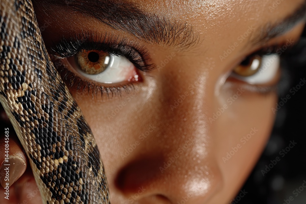 Close-up of a woman with detailed snake skin textures