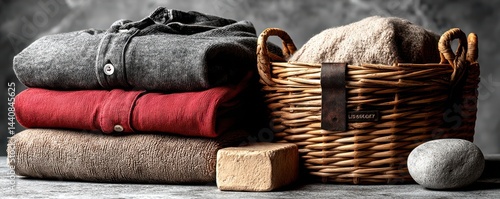 Stack of clean clothes and a basket on a rustic table surface