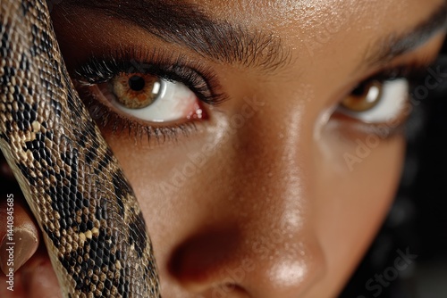 Obraz na płótnie Close-up of a woman with detailed snake skin textures w salonie